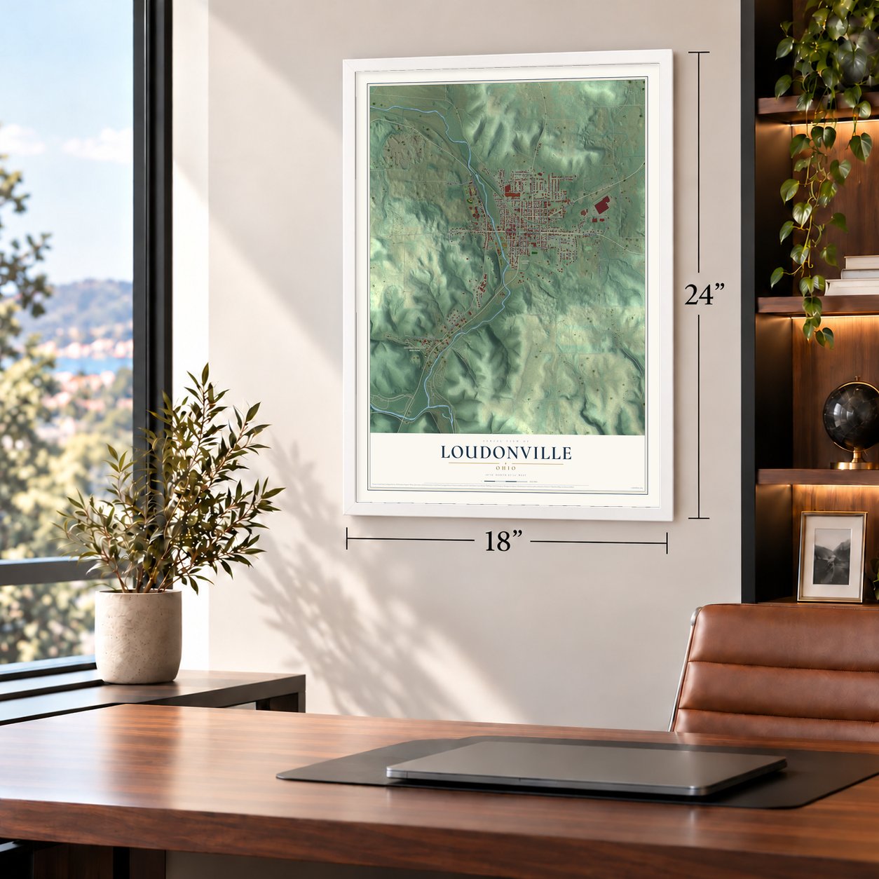 Loudonville, Ohio map, 18 x 24 inch print in a white frame in a home office