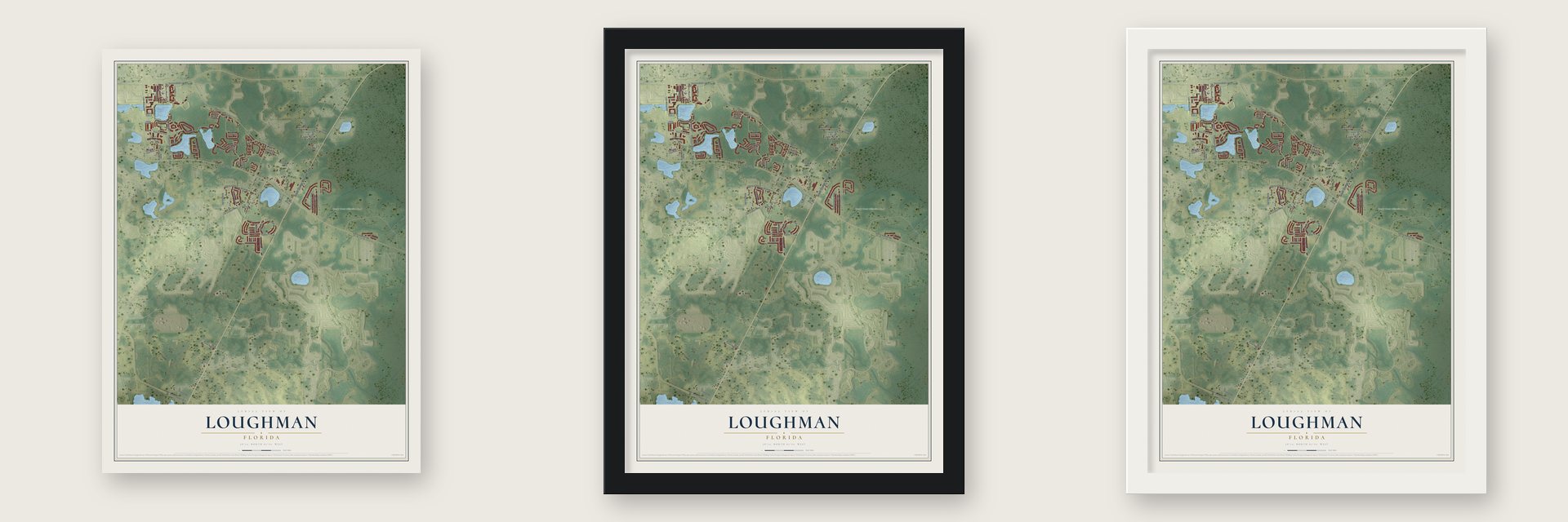 Loughman, Florida map unframed, in a black wood frame and in a white wood frame