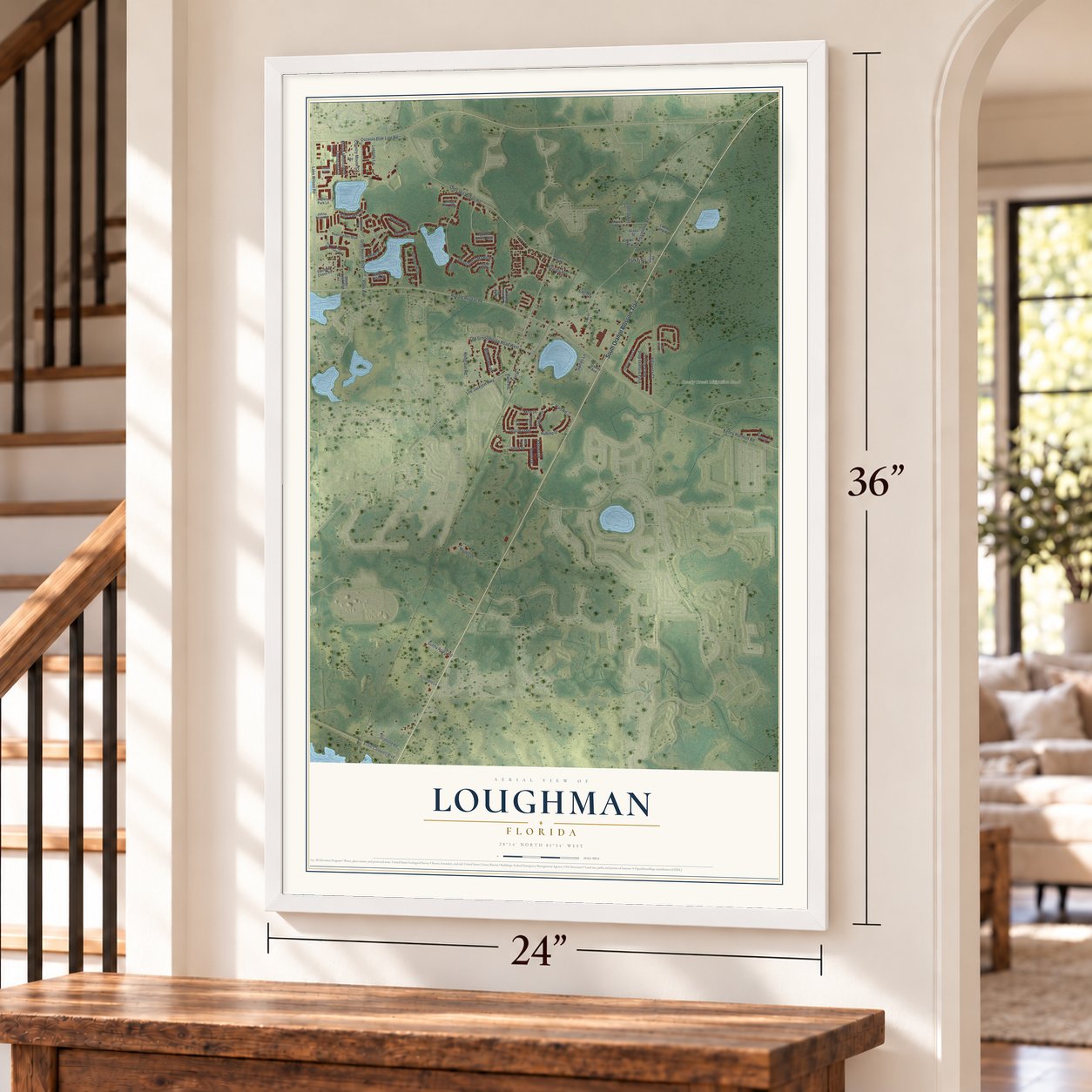 Loughman, Florida map, 24 x 36 inch print in a white frame by a staircase
