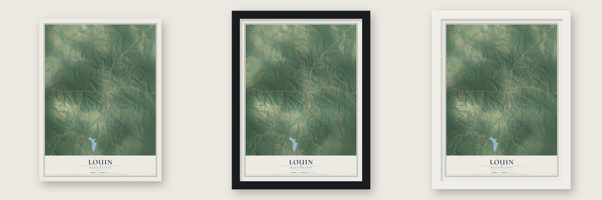 Louin, Mississippi map unframed, in a black wood frame and in a white wood frame