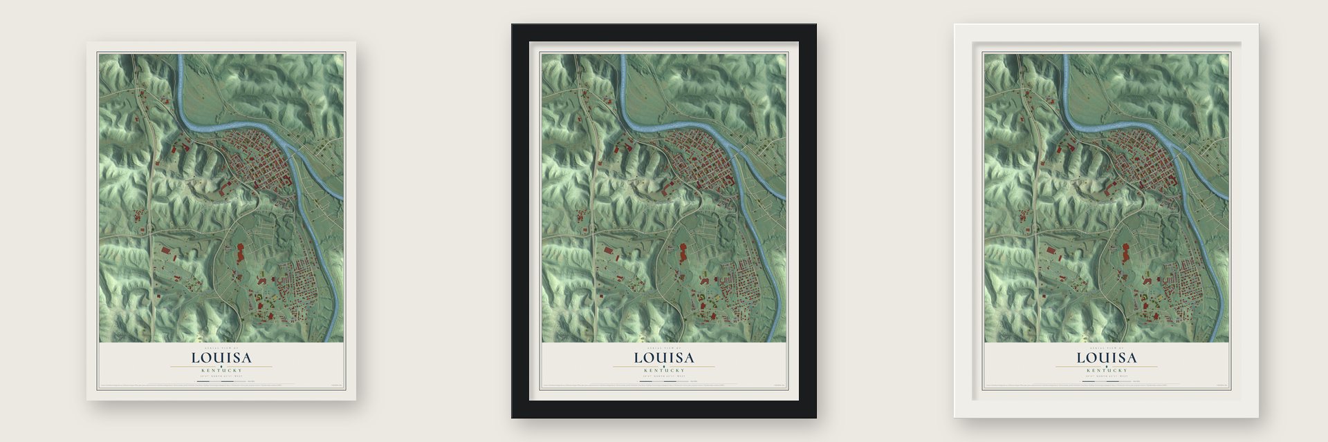 Louisa, Kentucky map unframed, in a black wood frame and in a white wood frame
