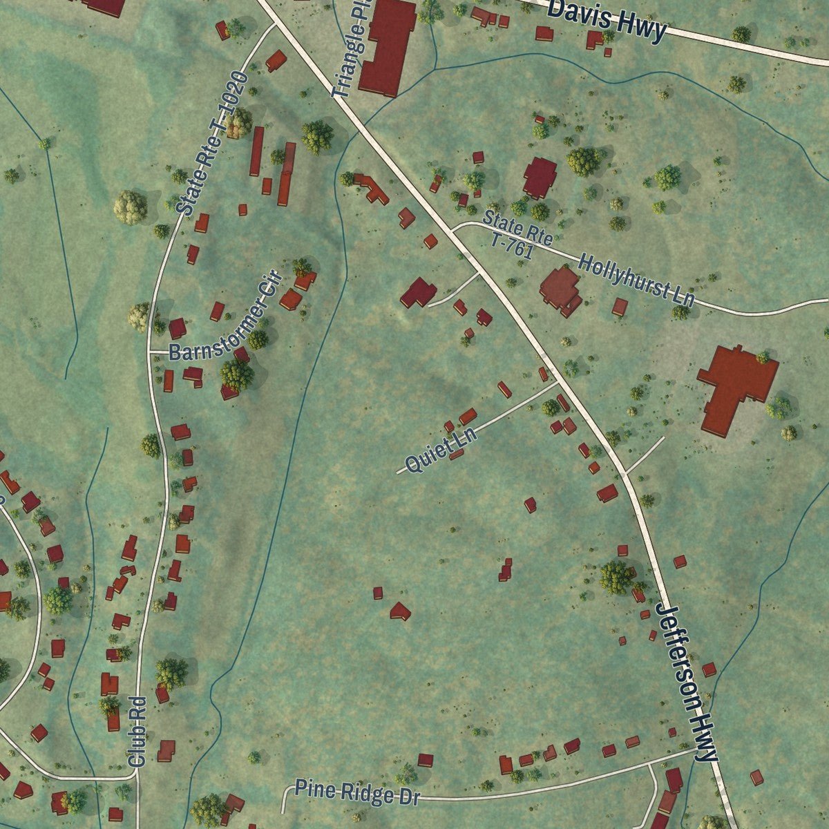 Second close-up of the map of Louisa, Virginia print showing more streets and buildings