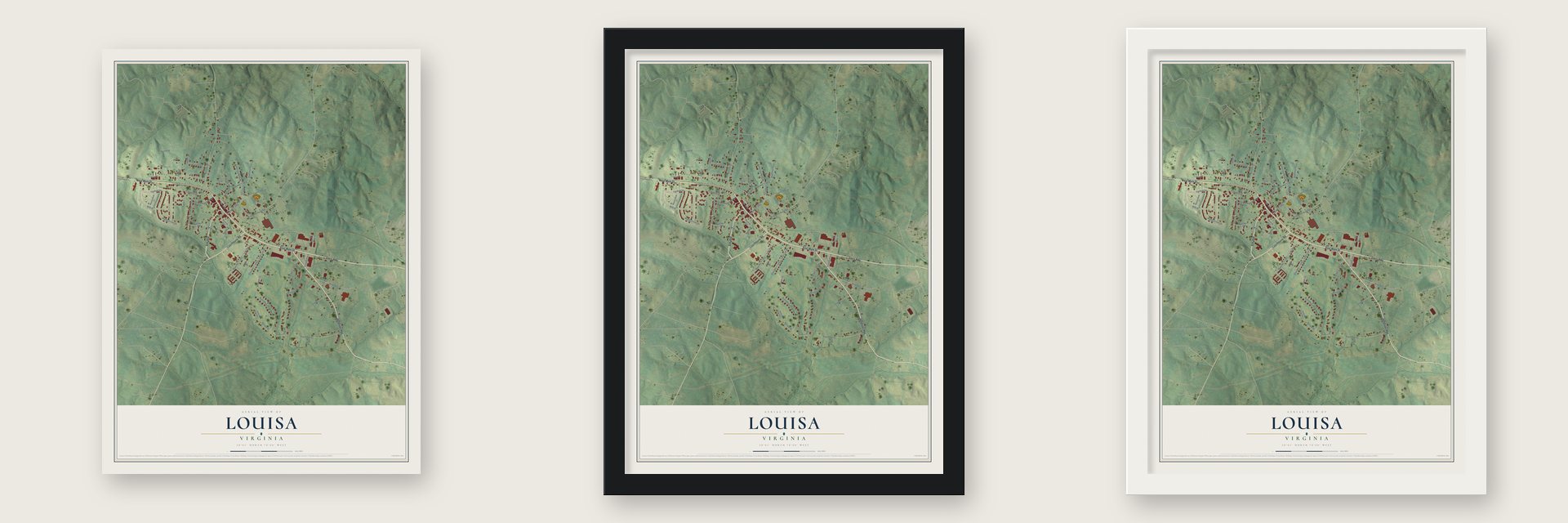 Louisa, Virginia map unframed, in a black wood frame and in a white wood frame