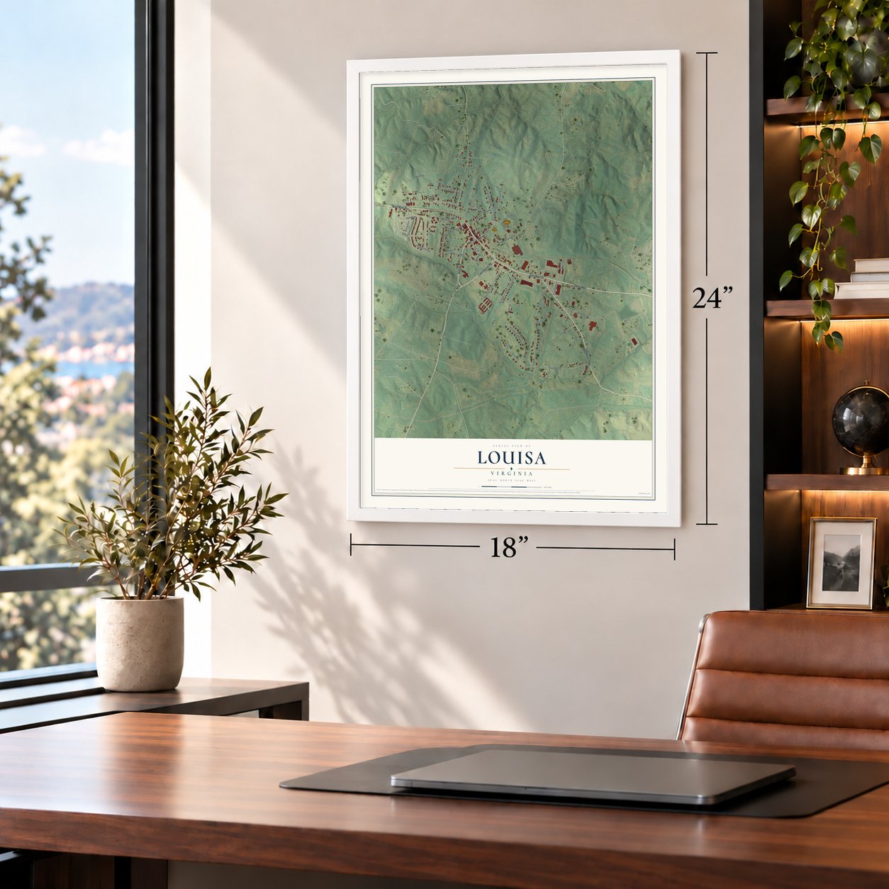 Louisa, Virginia map, 18 x 24 inch print in a white frame in a home office