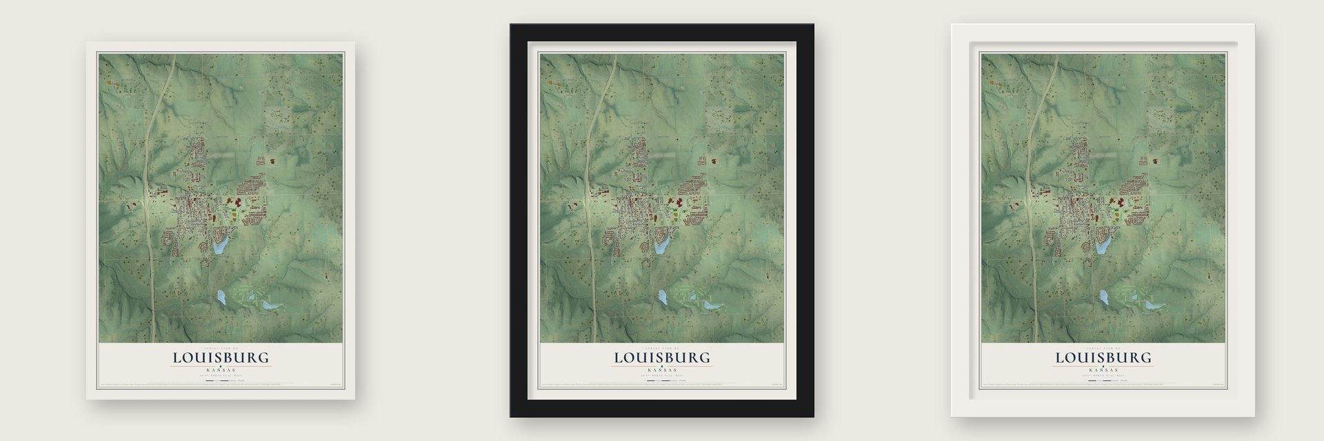 Louisburg, Kansas map unframed, in a black wood frame and in a white wood frame