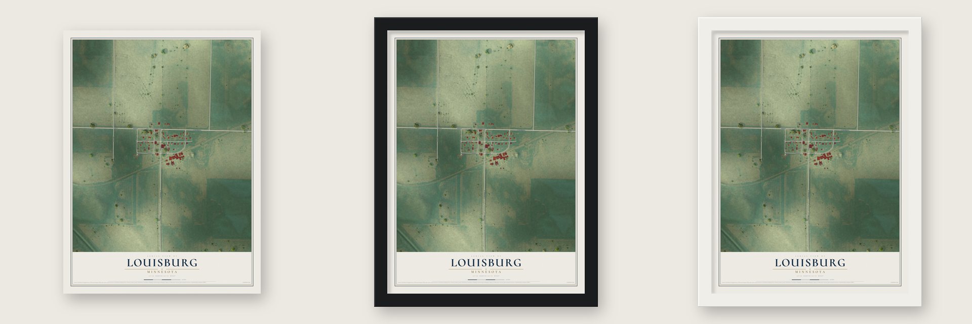 Louisburg, Minnesota map unframed, in a black wood frame and in a white wood frame