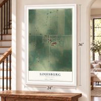 Louisburg, Minnesota map, 24 x 36 inch print in a white frame by a staircase