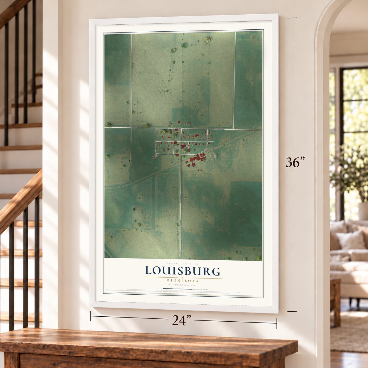 Louisburg, Minnesota map, 24 x 36 inch print in a white frame by a staircase