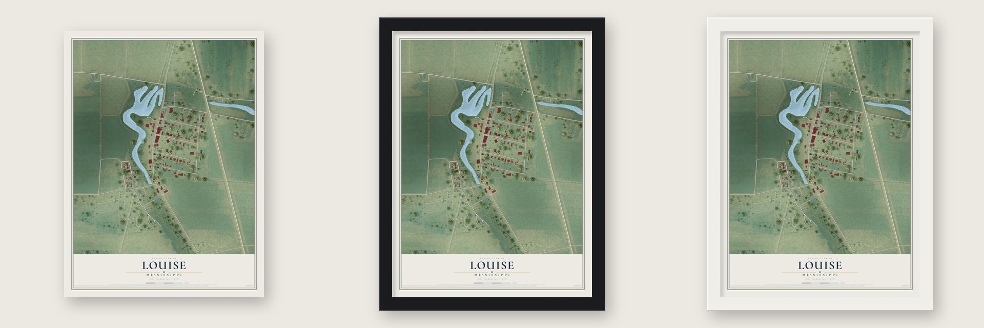 Louise, Mississippi map unframed, in a black wood frame and in a white wood frame