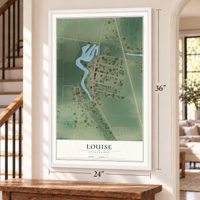 Louise, Mississippi map, 24 x 36 inch print in a white frame by a staircase
