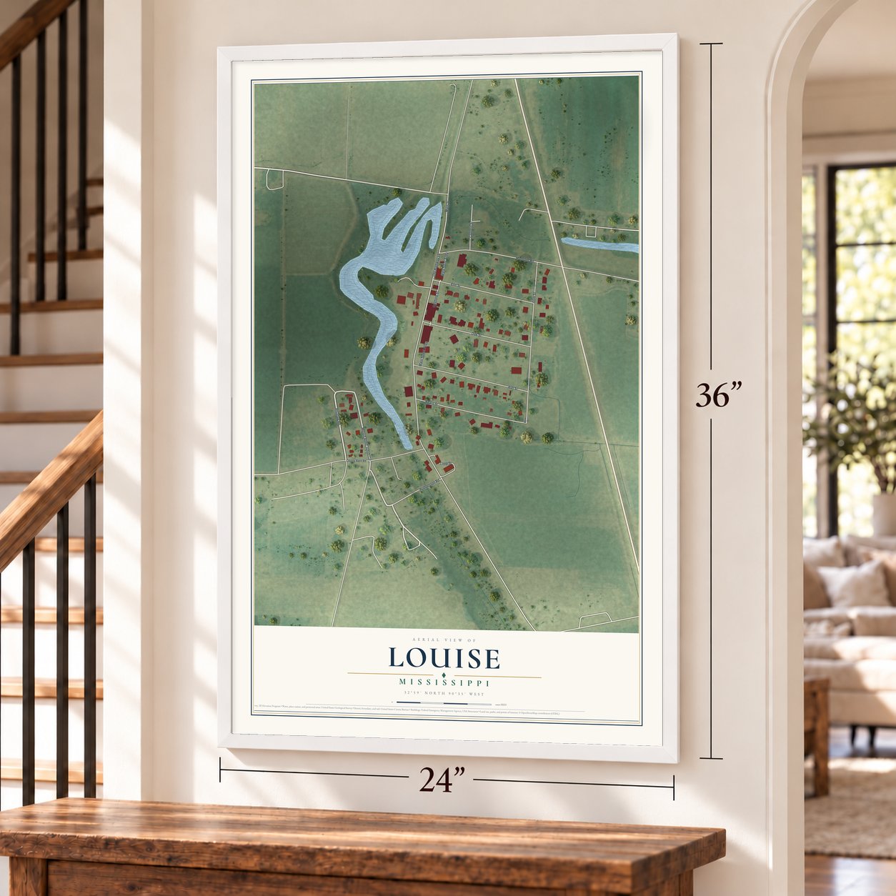 Louise, Mississippi map, 24 x 36 inch print in a white frame by a staircase