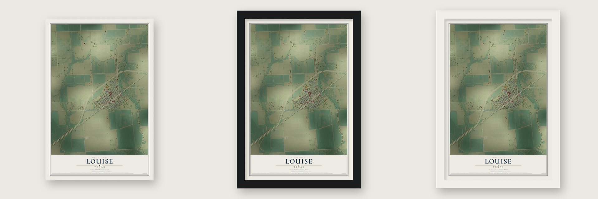 Louise, Texas map unframed, in a black wood frame and in a white wood frame