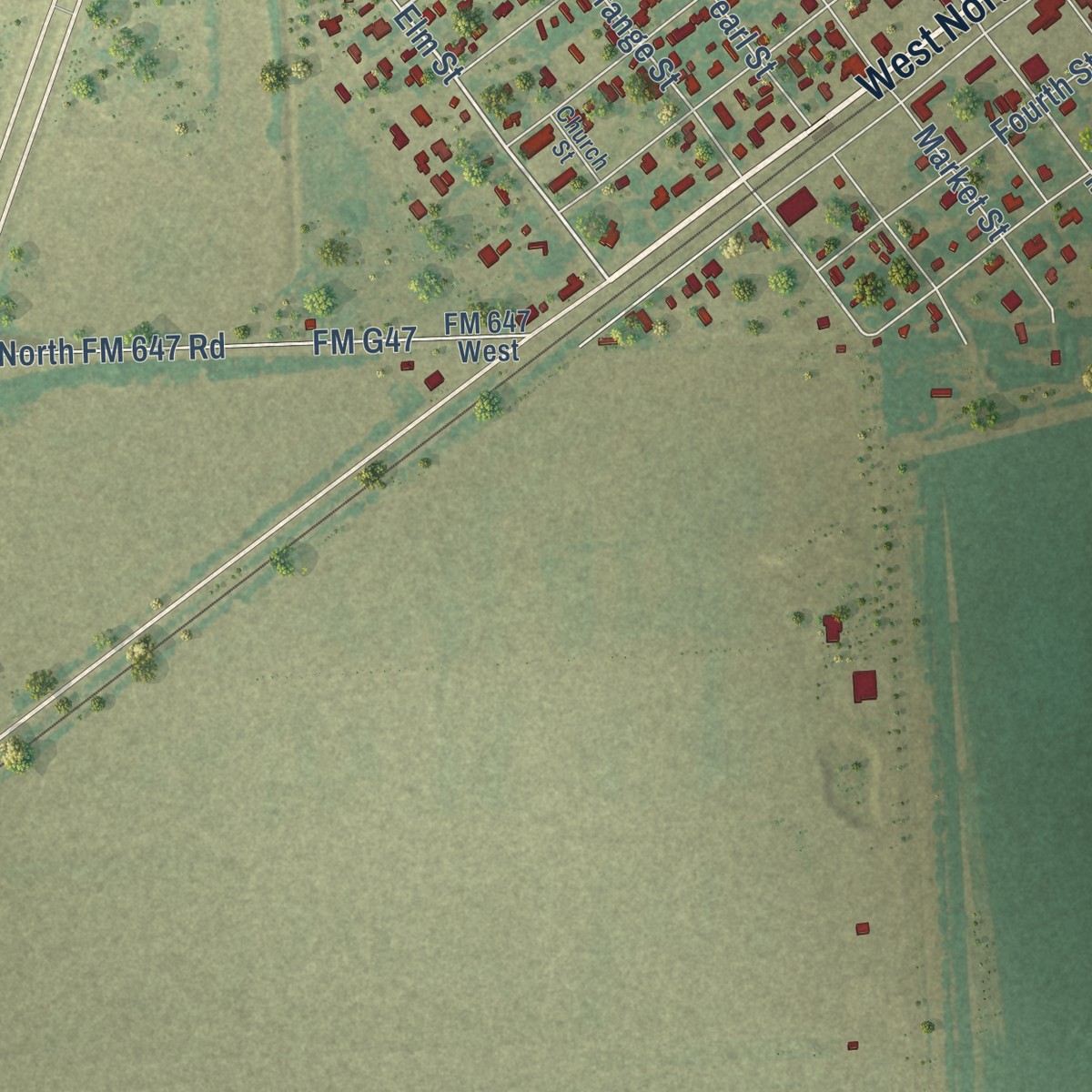 Second close-up of the map of Louise, Texas print showing more streets and buildings