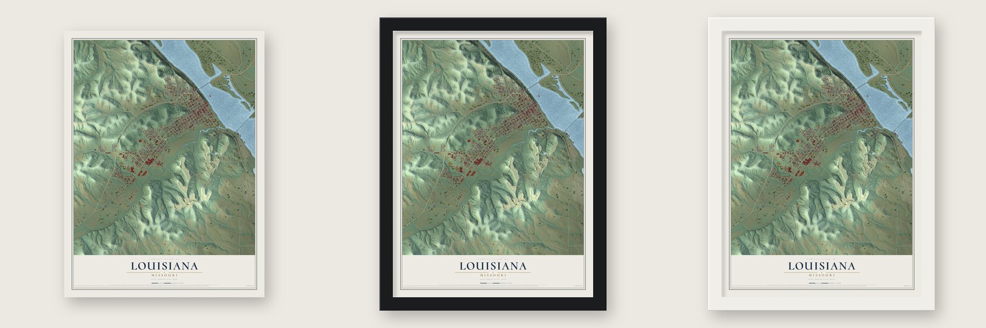 Louisiana, Missouri map unframed, in a black wood frame and in a white wood frame