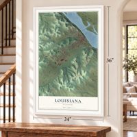 Louisiana, Missouri map, 24 x 36 inch print in a white frame by a staircase