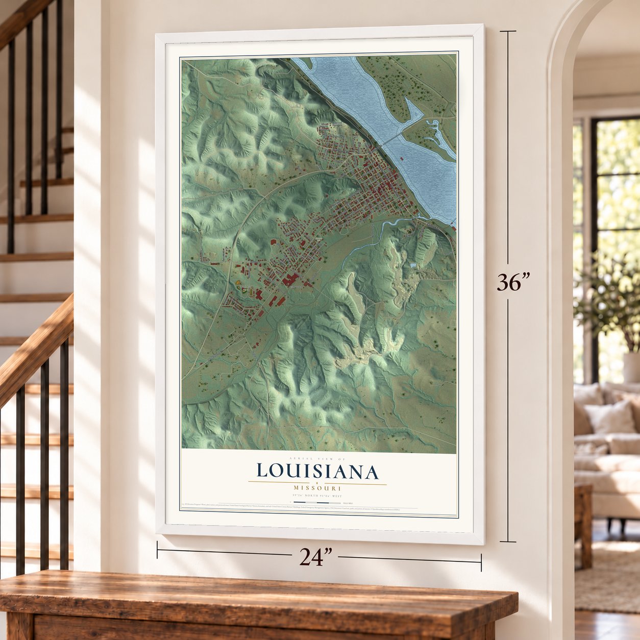 Louisiana, Missouri map, 24 x 36 inch print in a white frame by a staircase