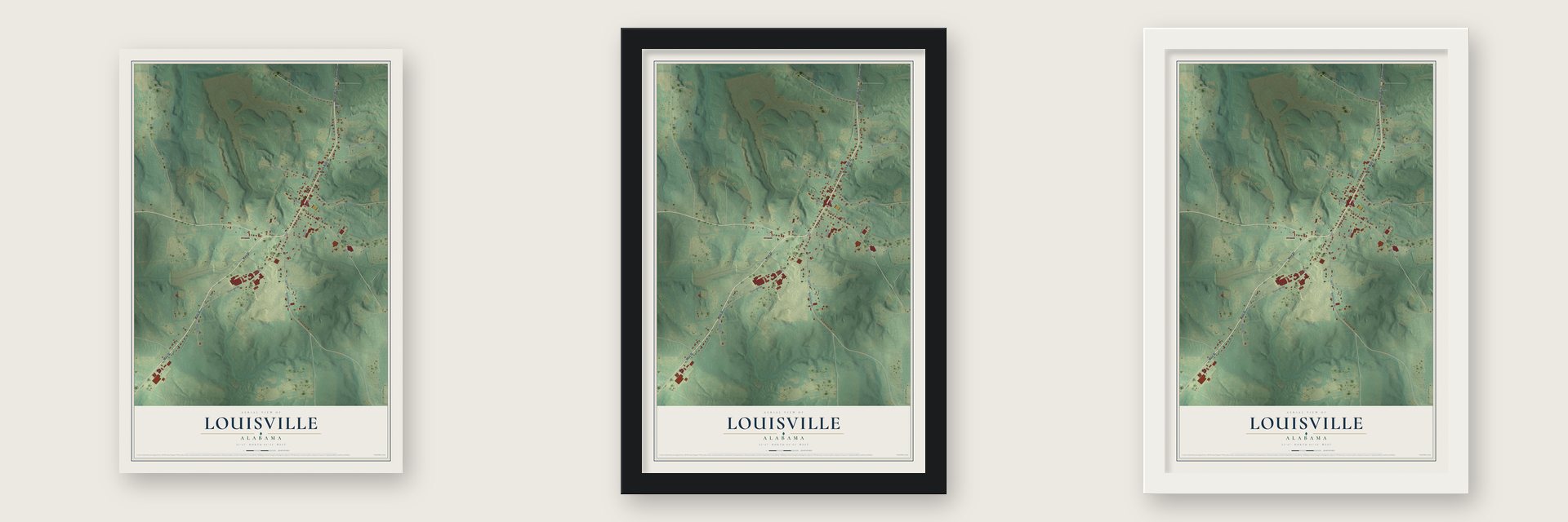 Louisville, Alabama map unframed, in a black wood frame and in a white wood frame