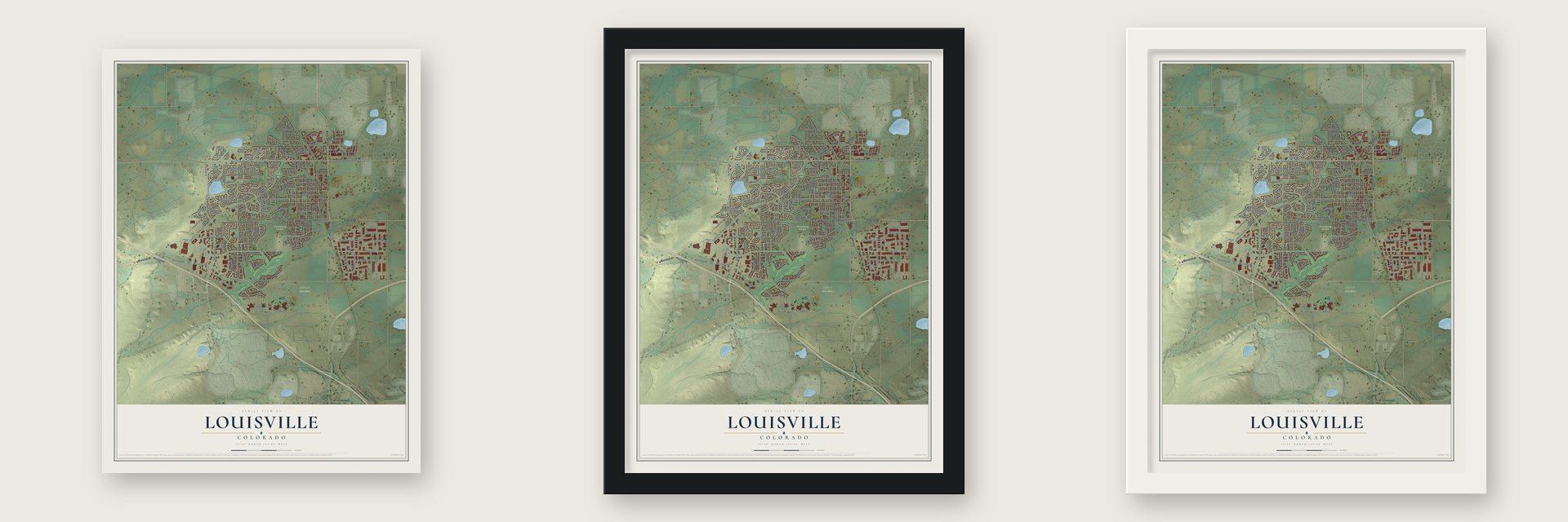 Louisville, Colorado map unframed, in a black wood frame and in a white wood frame