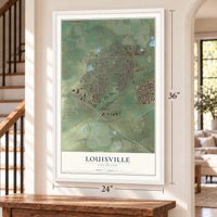 Louisville, Colorado map, 24 x 36 inch print in a white frame by a staircase