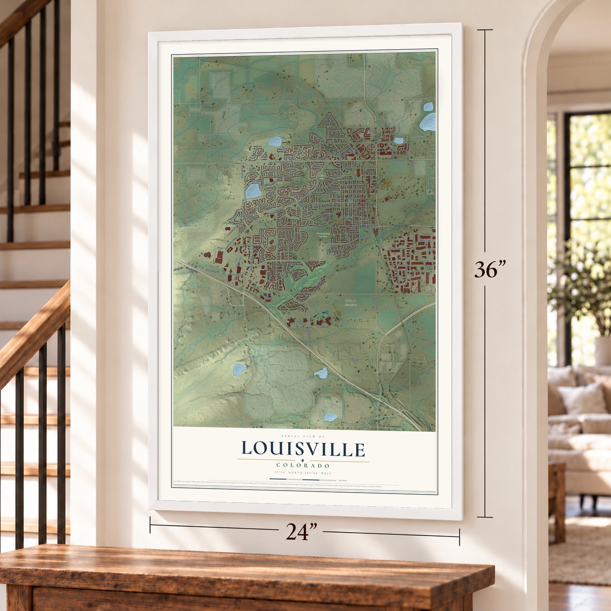 Louisville, Colorado map, 24 x 36 inch print in a white frame by a staircase