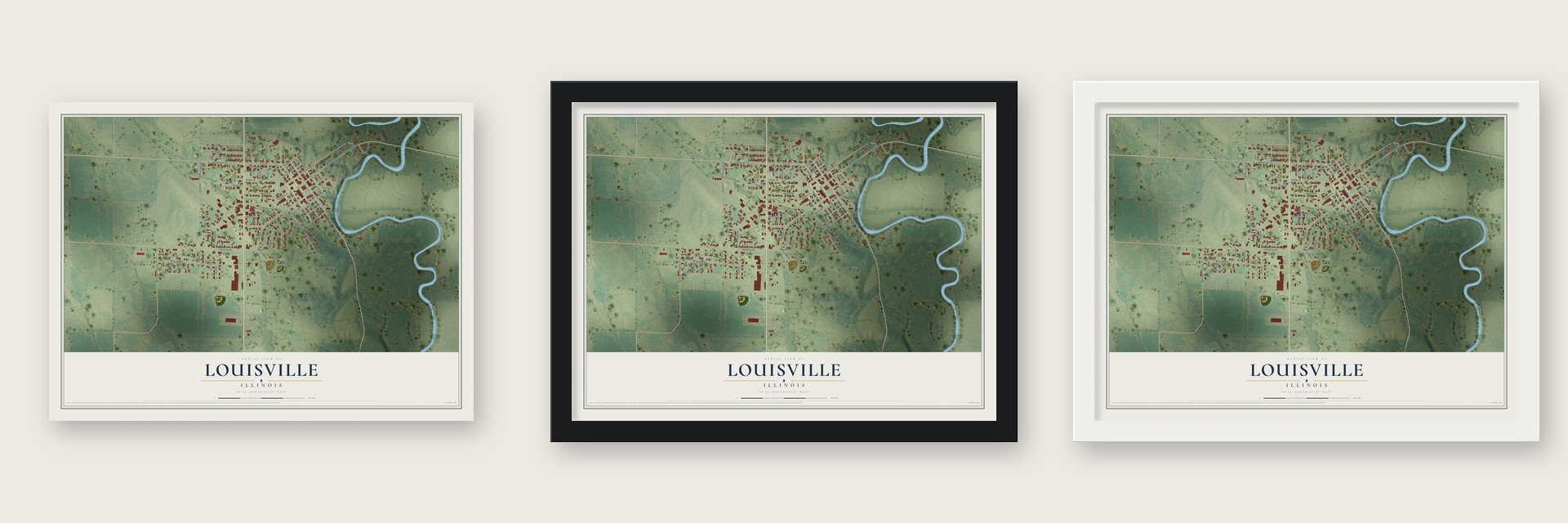 Louisville, Illinois map unframed, in a black wood frame and in a white wood frame