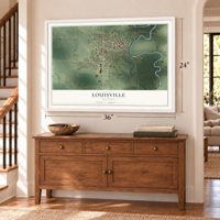 Louisville, Illinois map, 24 x 36 inch print in a white frame above a dresser by a staircase