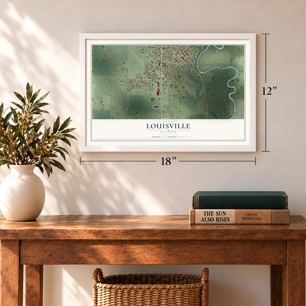 Louisville, Illinois map, 12 x 18 inch print in a white frame in an entryway