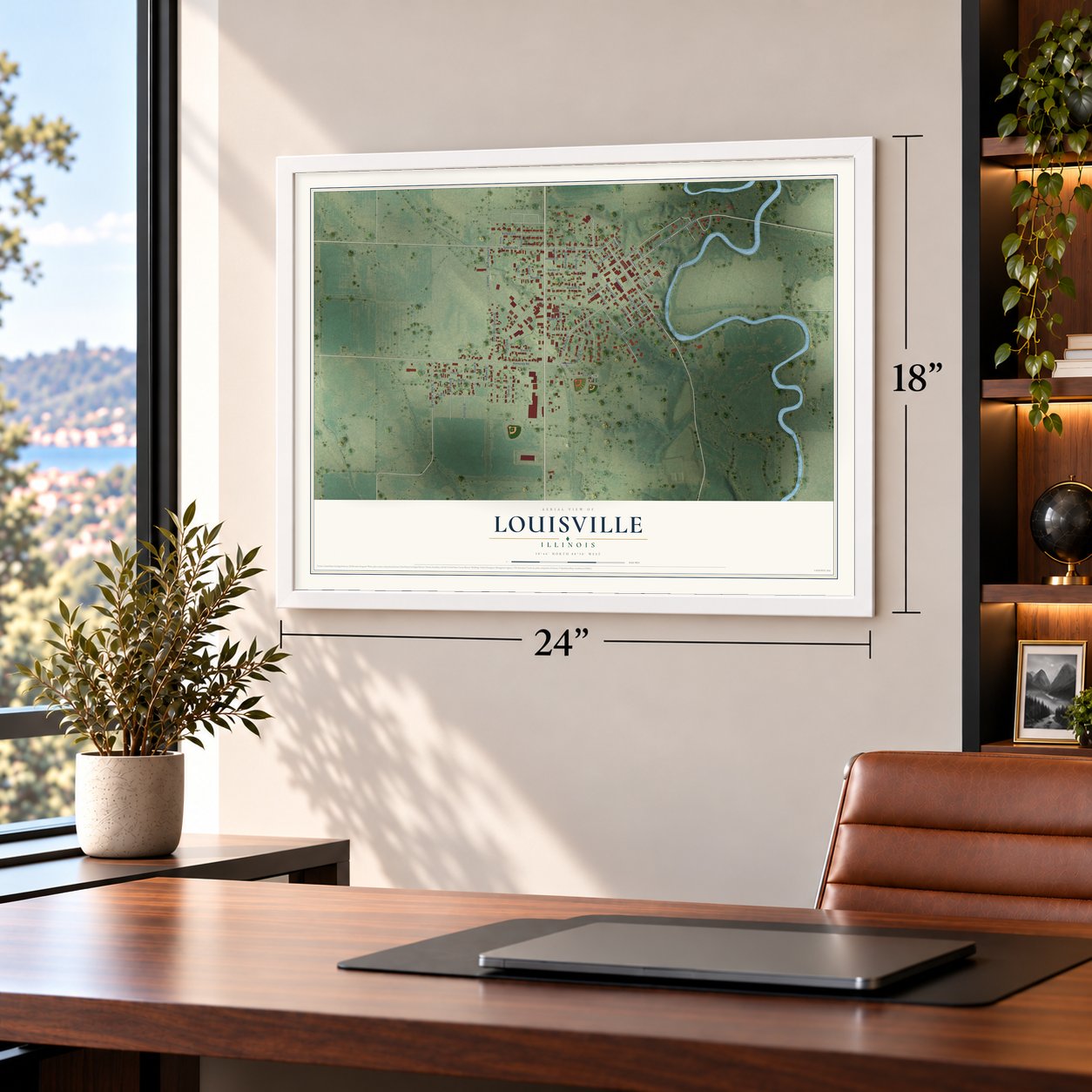 Louisville, Illinois map, 18 x 24 inch print in a white frame in a home office