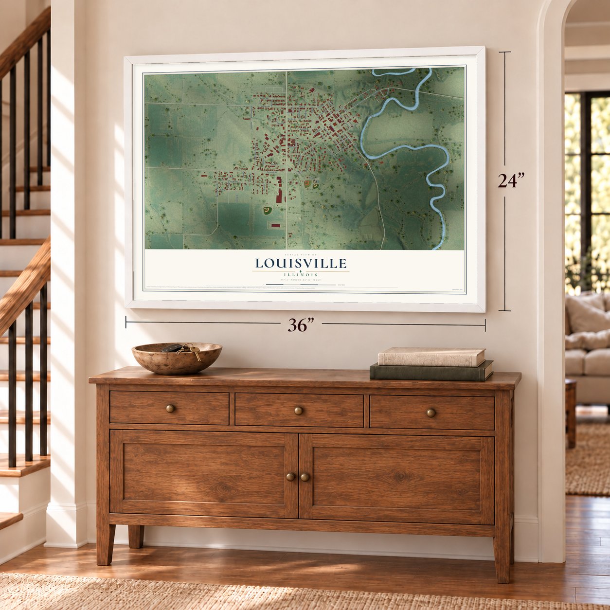 Louisville, Illinois map, 24 x 36 inch print in a white frame above a dresser by a staircase