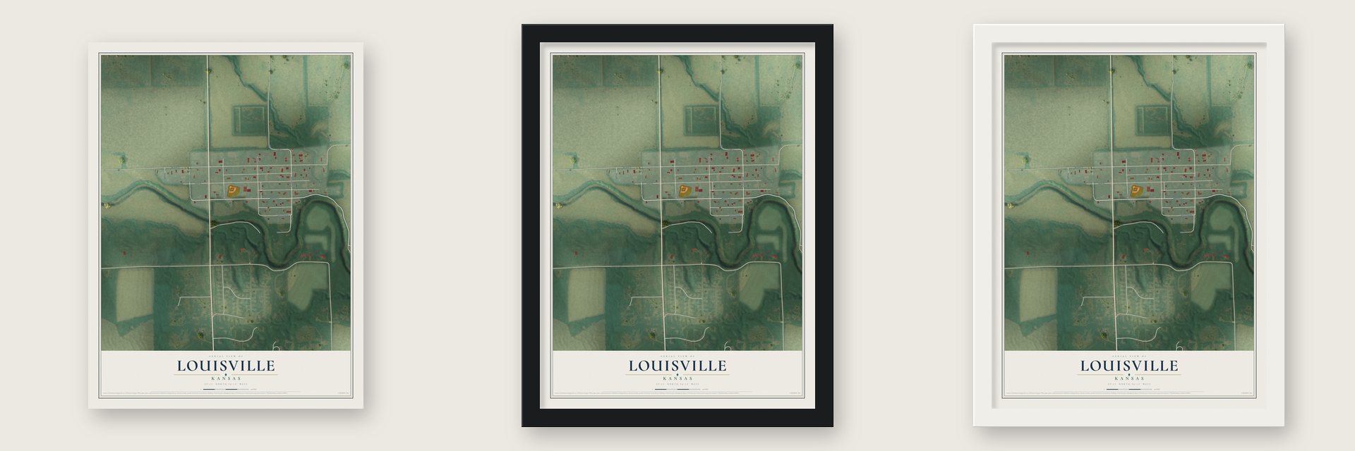 Louisville, Kansas map unframed, in a black wood frame and in a white wood frame