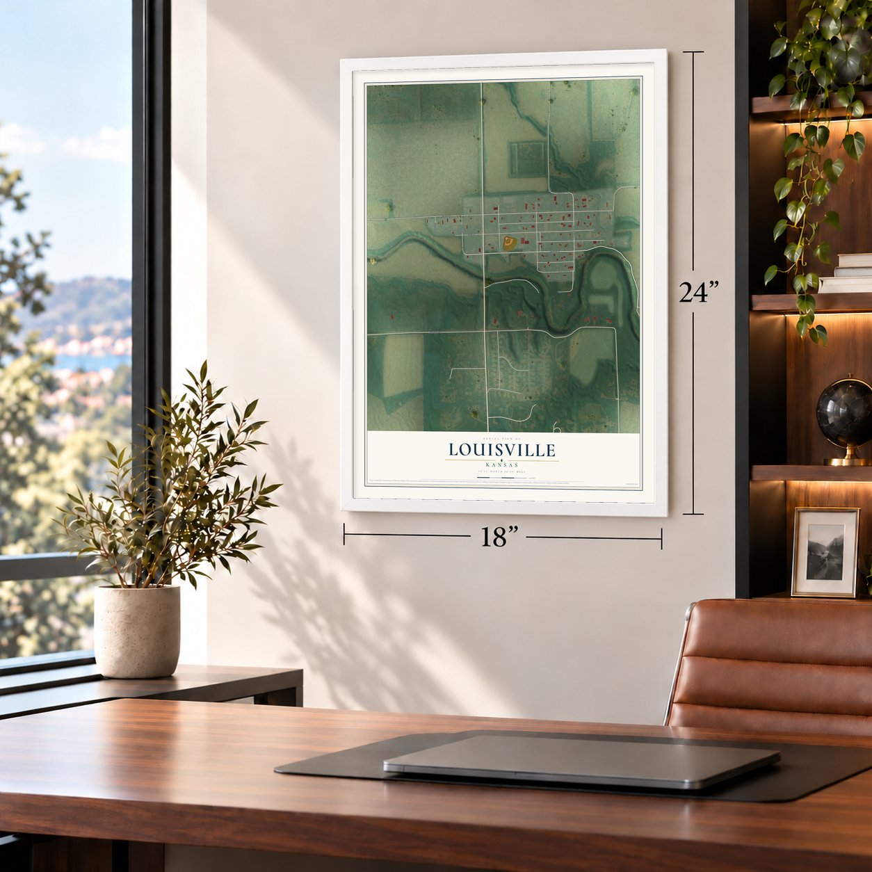 Louisville, Kansas map, 18 x 24 inch print in a white frame in a home office