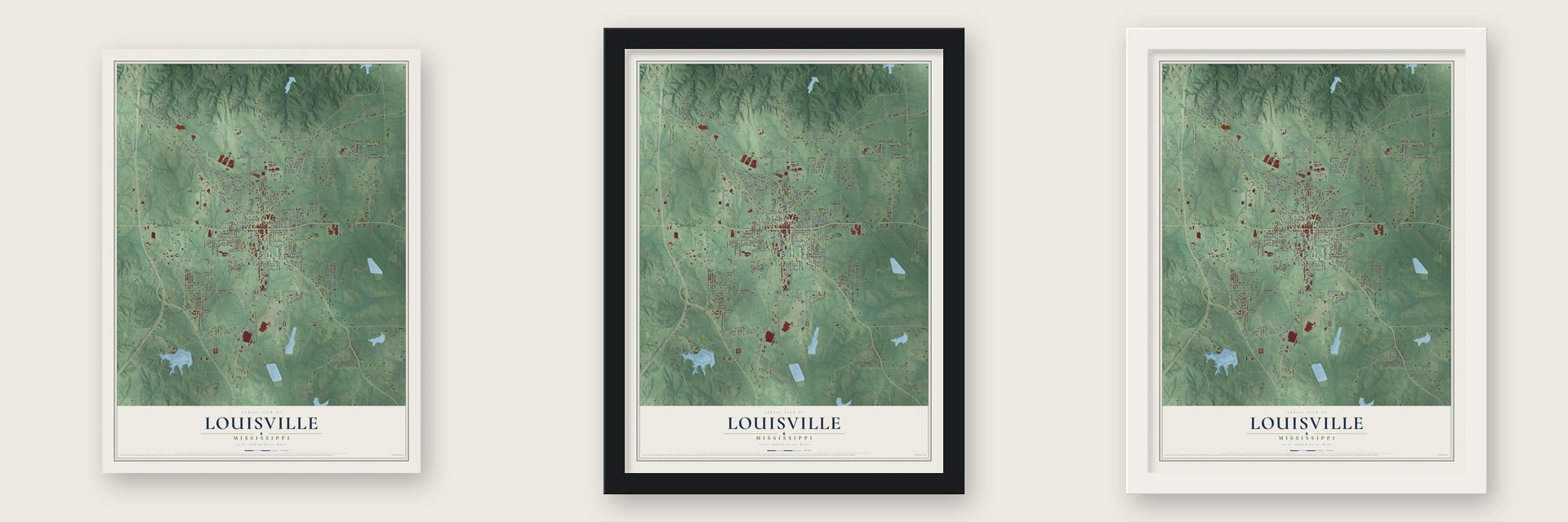 Louisville, Mississippi map unframed, in a black wood frame and in a white wood frame