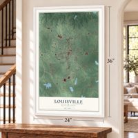 Louisville, Mississippi map, 24 x 36 inch print in a white frame by a staircase