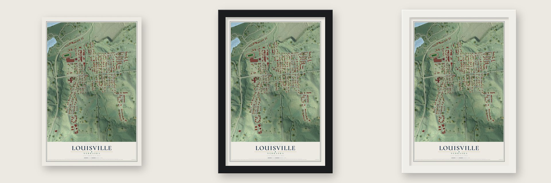 Louisville, Nebraska map unframed, in a black wood frame and in a white wood frame