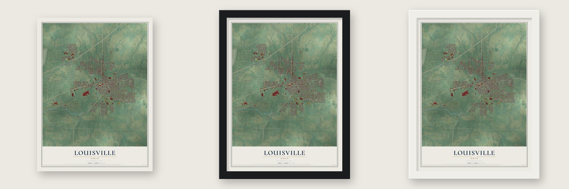 Louisville, Ohio map unframed, in a black wood frame and in a white wood frame