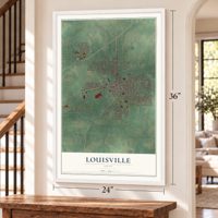 Louisville, Ohio map, 24 x 36 inch print in a white frame by a staircase