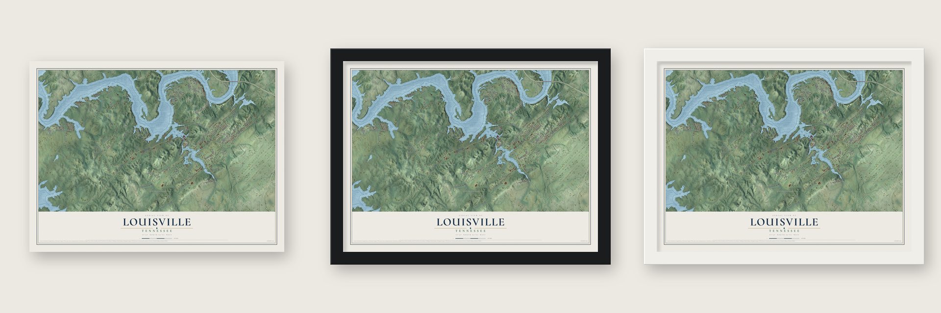 Louisville, Tennessee map unframed, in a black wood frame and in a white wood frame