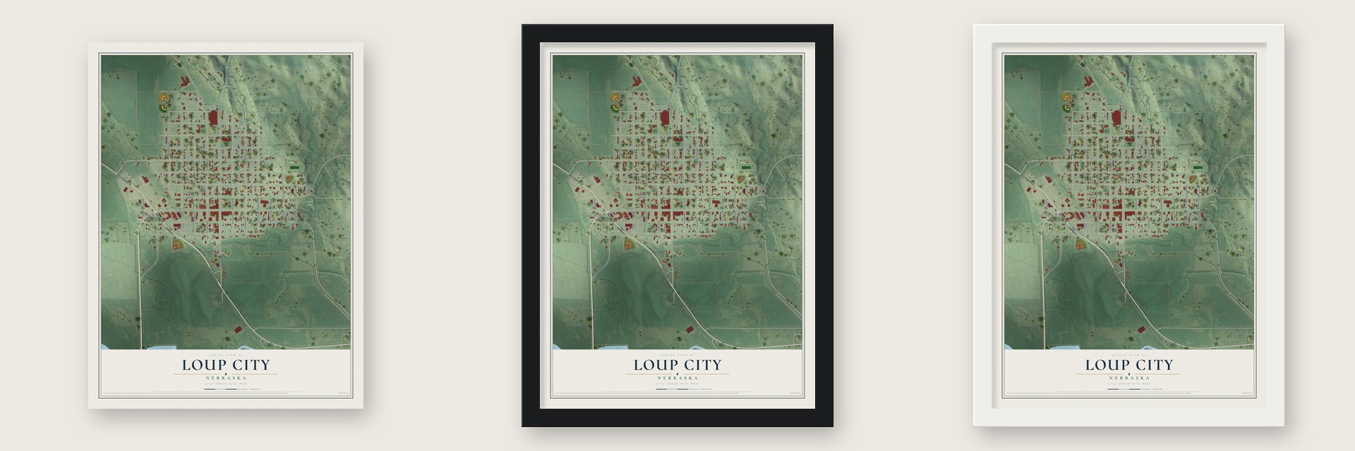 Loup City, Nebraska map unframed, in a black wood frame and in a white wood frame
