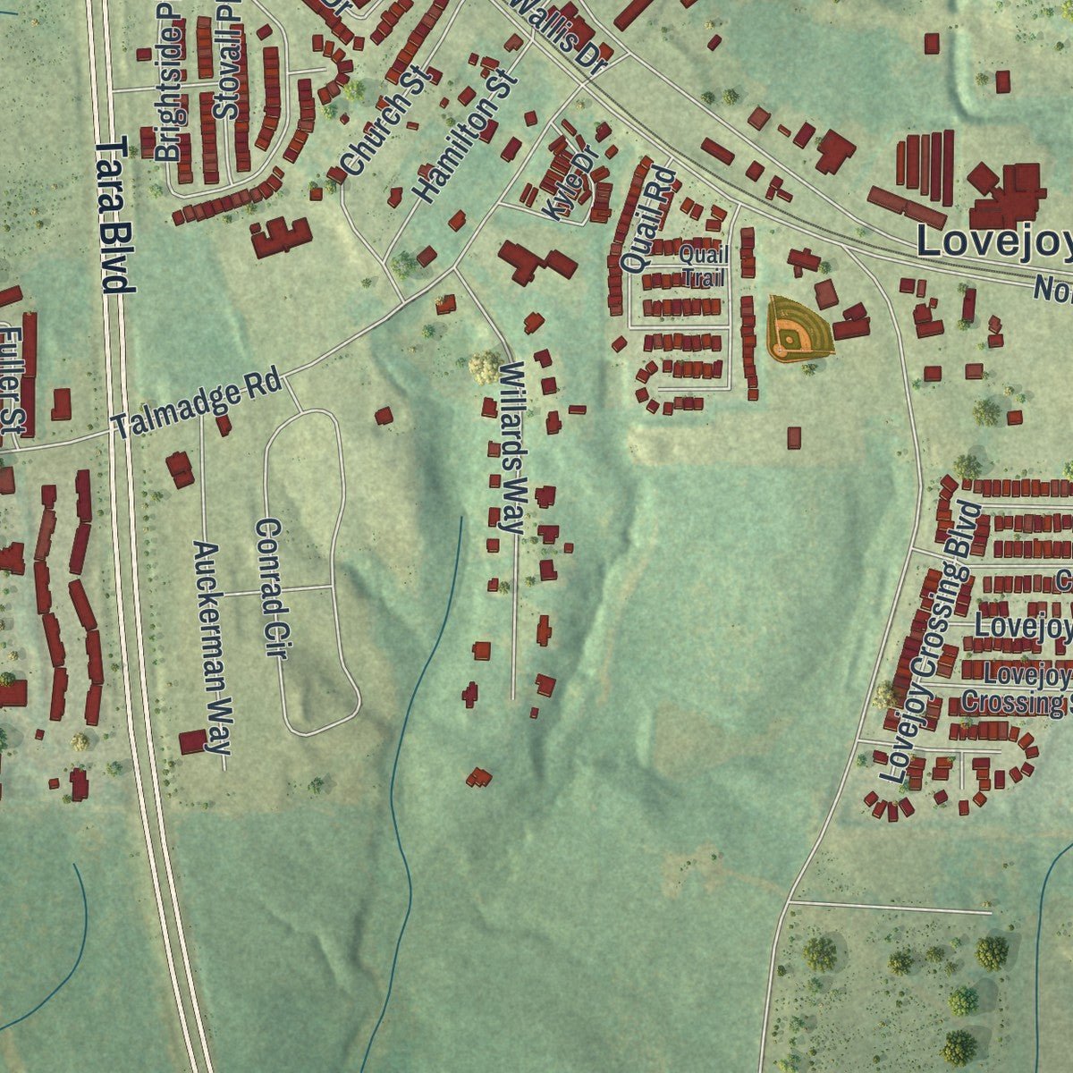 Second close-up of the map of Lovejoy, Georgia print showing more streets and buildings