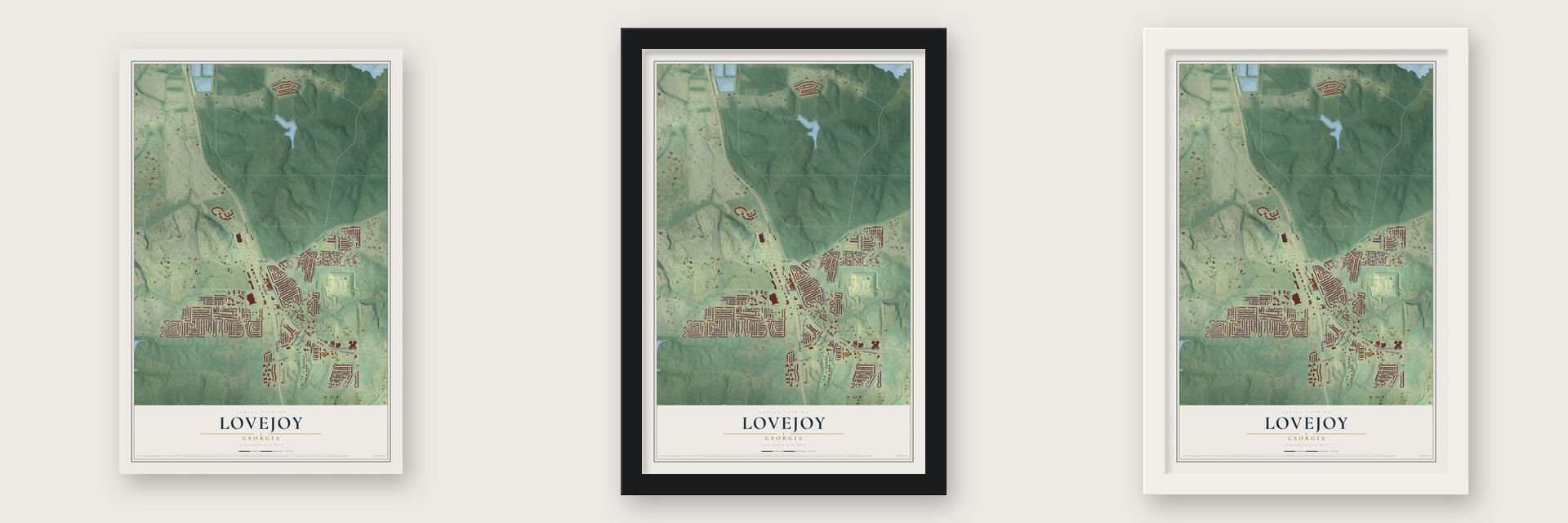 Lovejoy, Georgia map unframed, in a black wood frame and in a white wood frame
