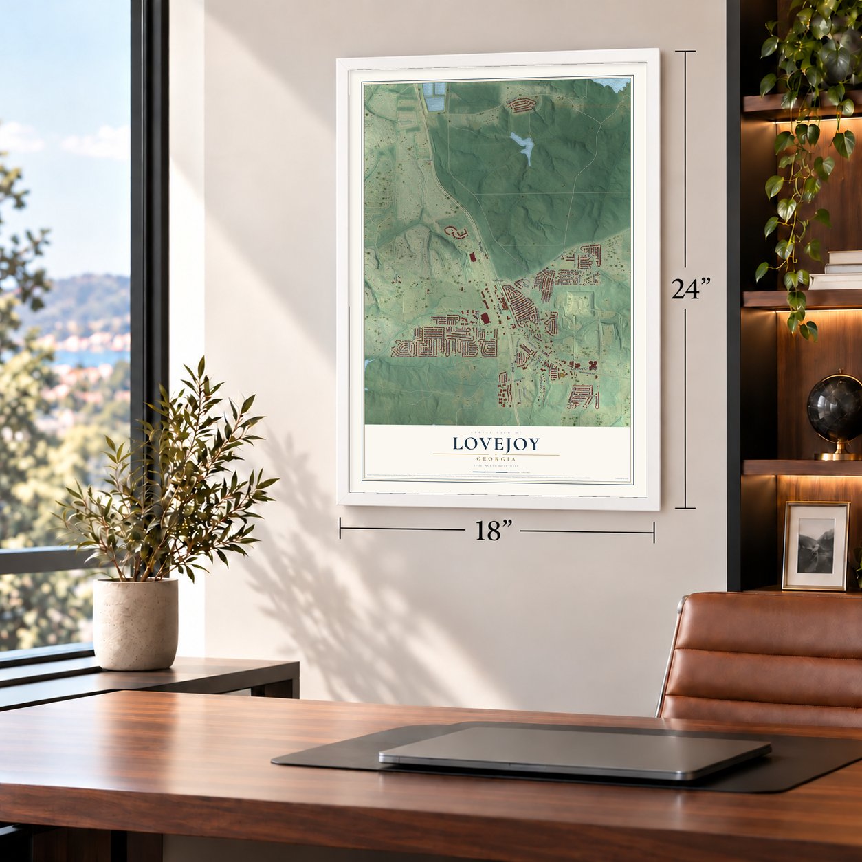 Lovejoy, Georgia map, 18 x 24 inch print in a white frame in a home office