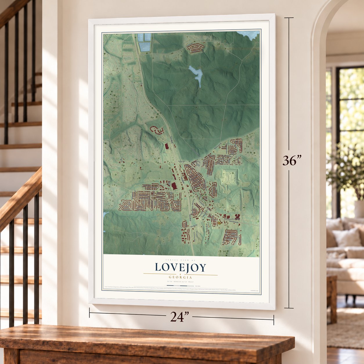 Lovejoy, Georgia map, 24 x 36 inch print in a white frame by a staircase