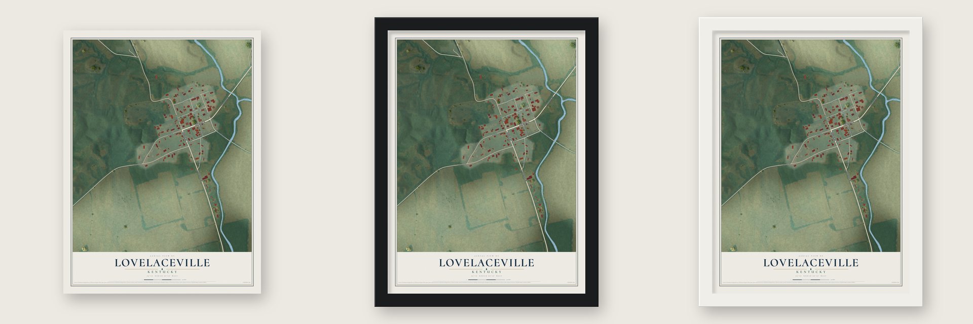 Lovelaceville, Kentucky map unframed, in a black wood frame and in a white wood frame