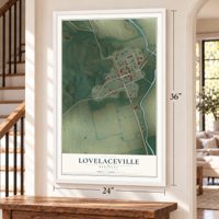 Lovelaceville, Kentucky map, 24 x 36 inch print in a white frame by a staircase