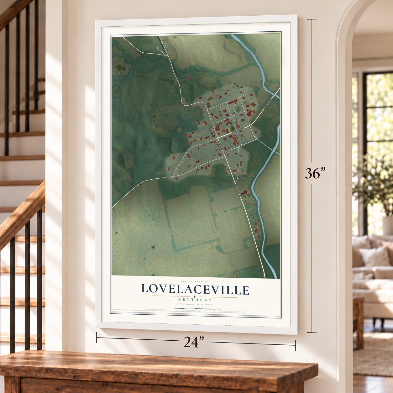 Lovelaceville, Kentucky map, 24 x 36 inch print in a white frame by a staircase