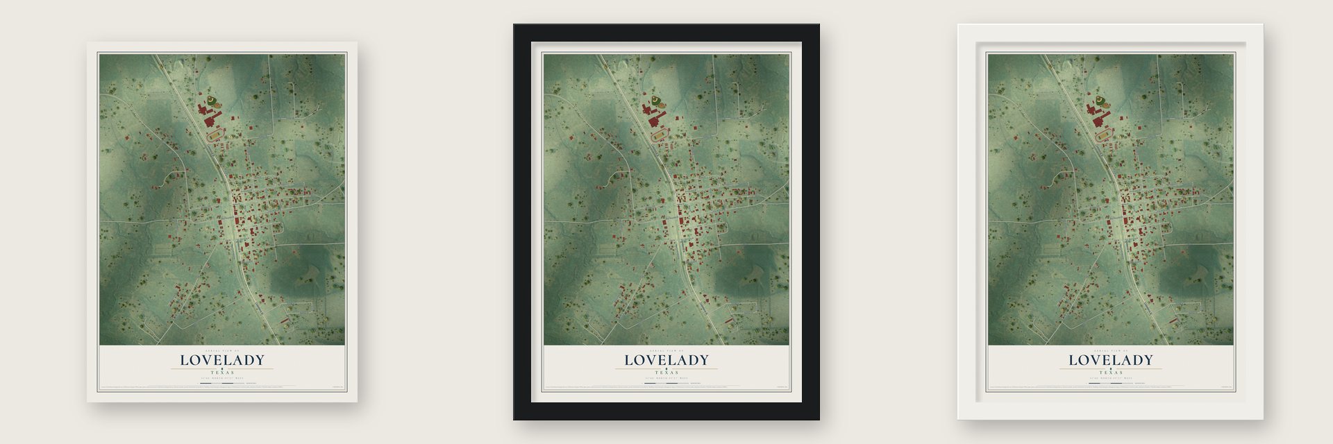 Lovelady, Texas map unframed, in a black wood frame and in a white wood frame