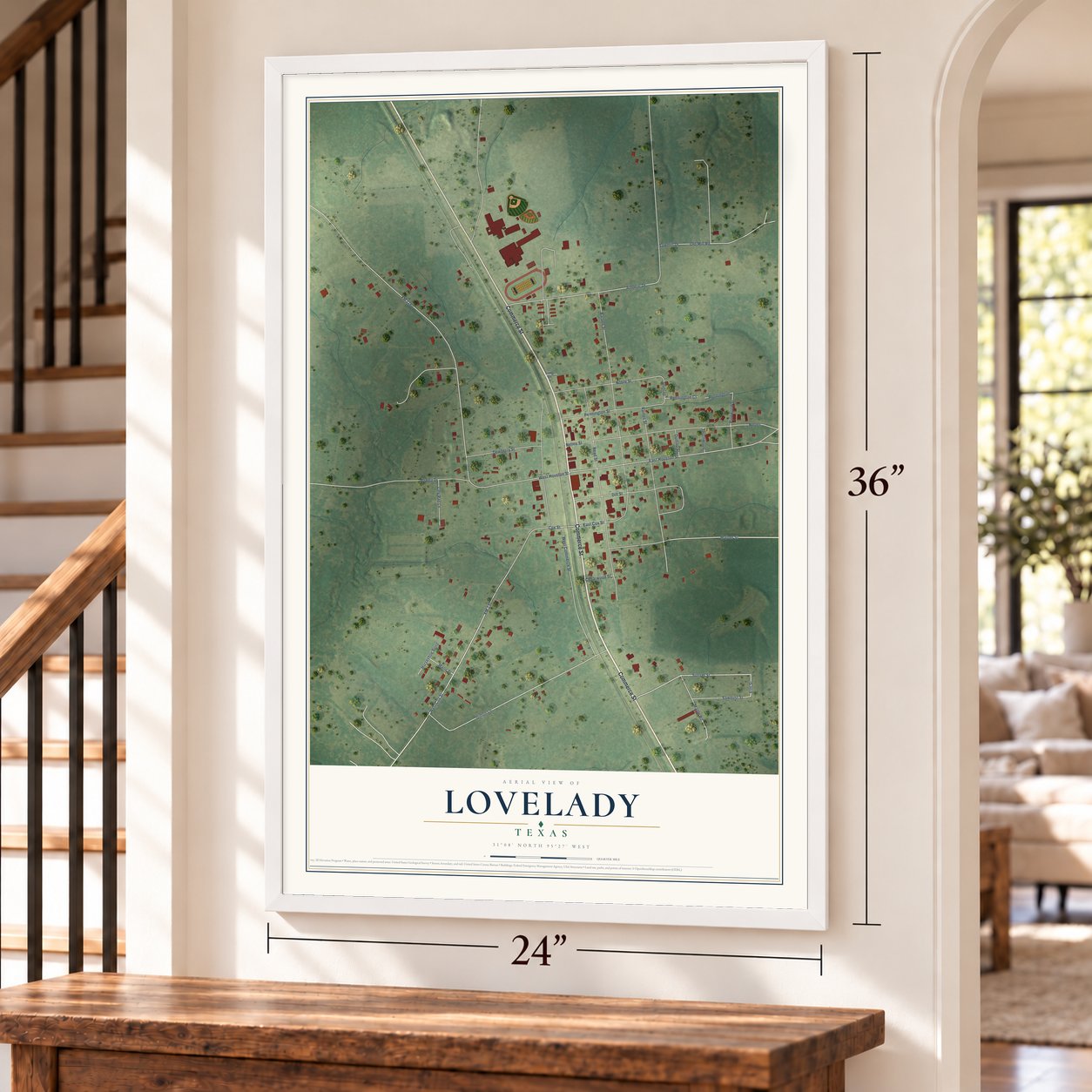 Lovelady, Texas map, 24 x 36 inch print in a white frame by a staircase