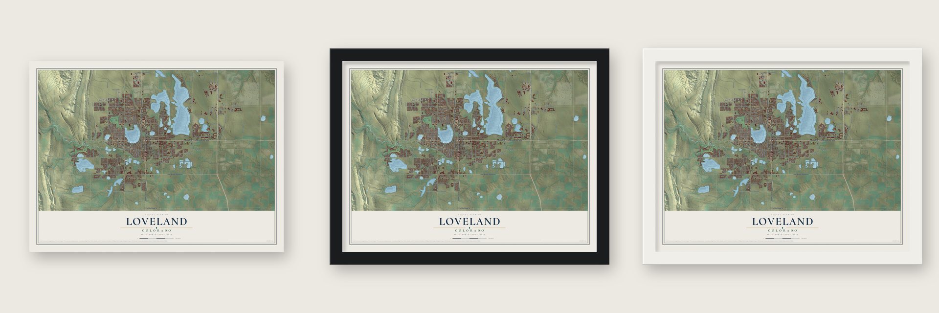 Loveland, Colorado map unframed, in a black wood frame and in a white wood frame