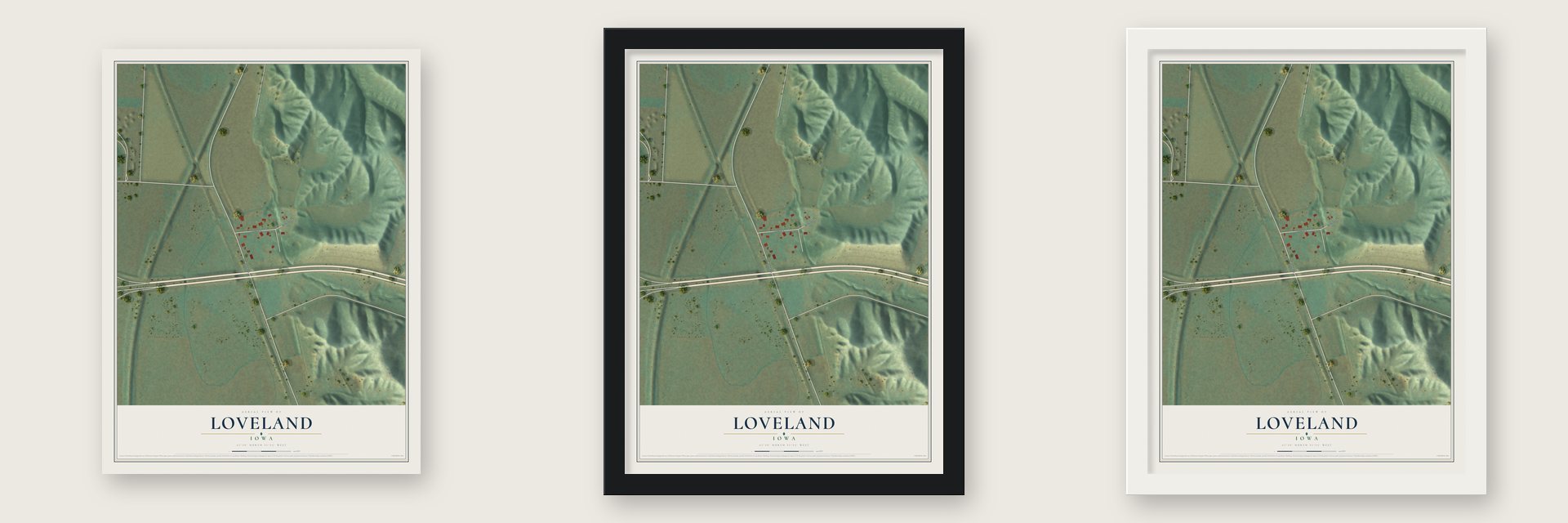 Loveland, Iowa map unframed, in a black wood frame and in a white wood frame