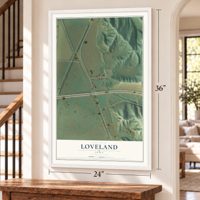 Loveland, Iowa map, 24 x 36 inch print in a white frame by a staircase